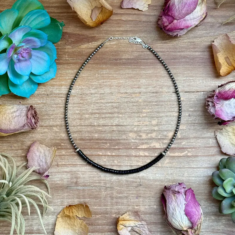 14” Black Onyx Heishi Necklace – Sterling Silver Pearls & Saucers 1