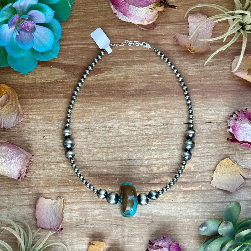 15.5” Turquoise Statement Necklace – Graduated Sterling Silver Pearls 1
