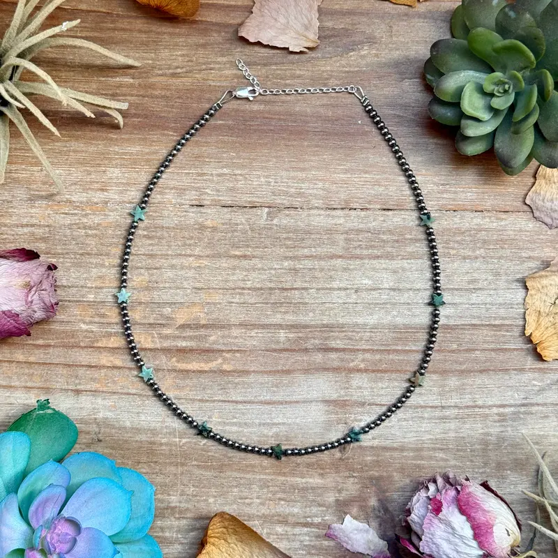 15” African Turquoise Star Necklace – Sterling Silver Pearls 1