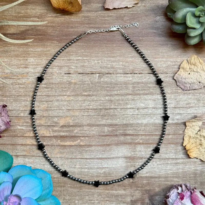 15” Black Onyx Star Necklace – Sterling Silver Pearls 1