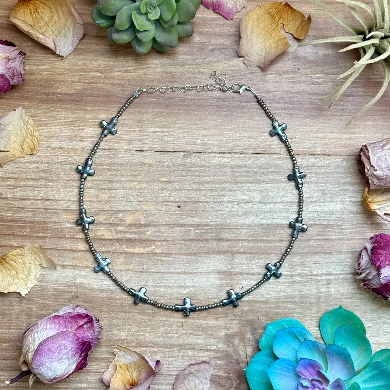 15” Cross Necklace – Glass Seed Beads With Silver Plated Cross 1