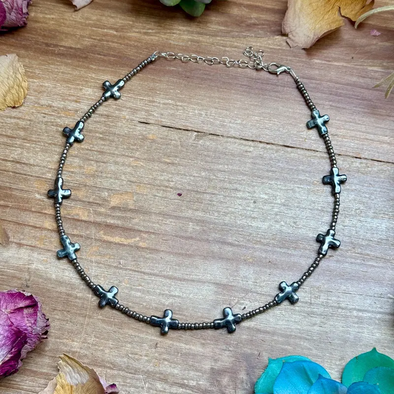 15” Cross Necklace – Glass Seed Beads With Silver Plated Cross 2