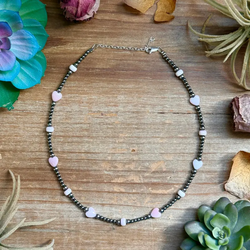 15” Pink Conch Heart Necklace – Sterling Silver Pearls 1