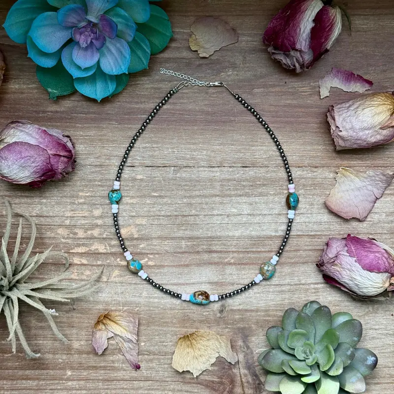 15” Pink Conch & Turquoise Necklace – Sterling Silver 1