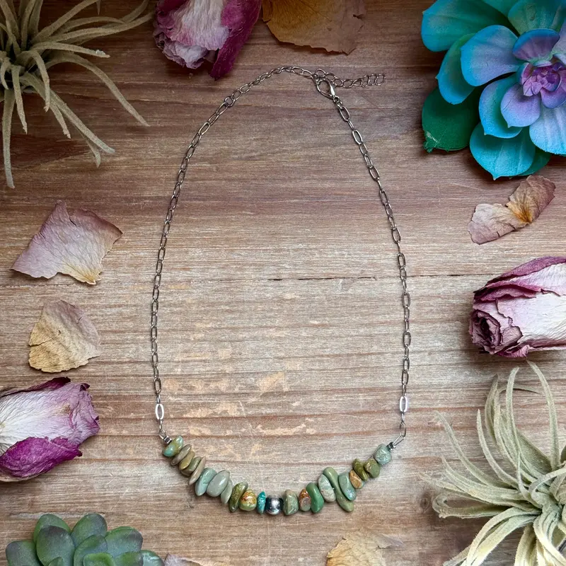 16.5” Green Turquoise Nugget Necklace – Sterling Silver & Paperclip Chain 1