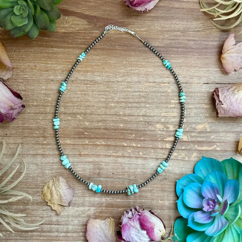 16.5” Sky Blue Lone Mountain Turquoise Nugget Necklace – 3Mm Sterling Silver Pearls 1