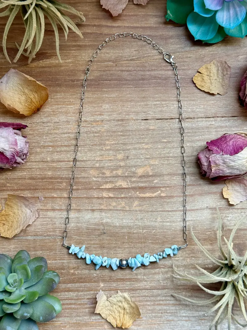 16” Larimar Chip Necklace – Sterling Silver & Paperclip Chain 1