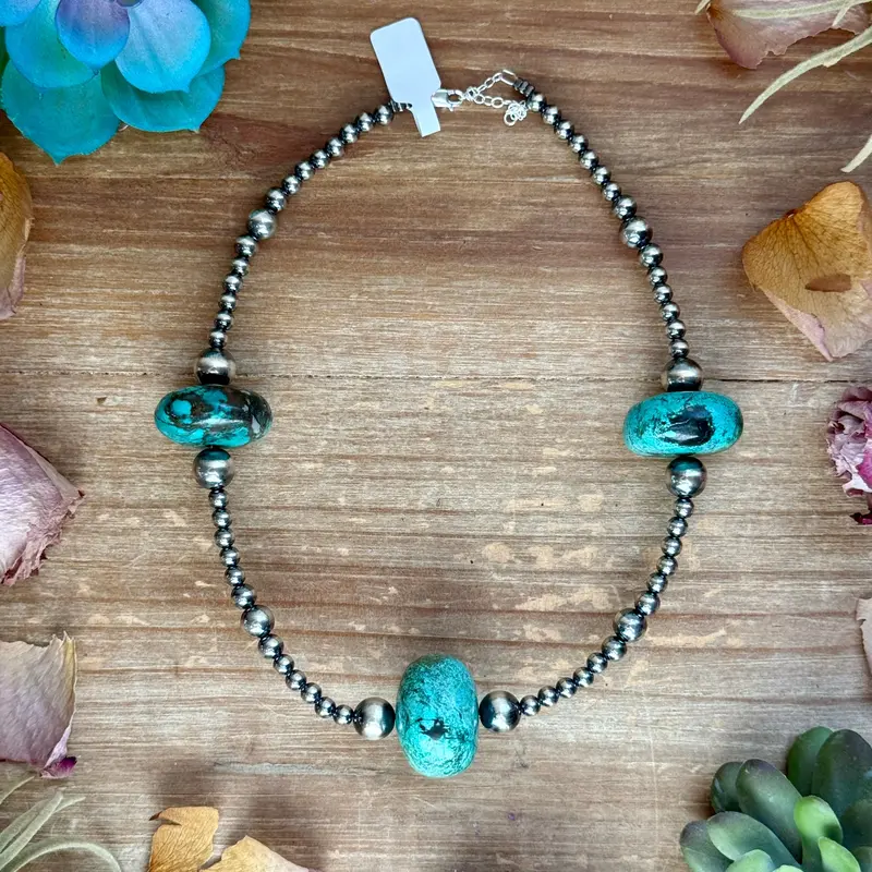 16” Turquoise Rondelle Necklace – Sterling Silver Pearls 1