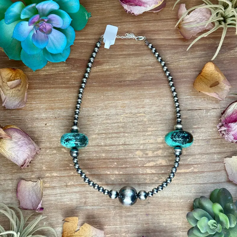 16” Turquoise Rondelle Necklace – Sterling Silver Pearls 1