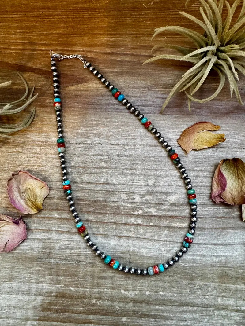 18-Inch Sterling Silver Pearl Necklace – Mixed Turquoise & Spiny Oyster (5Mm) 1