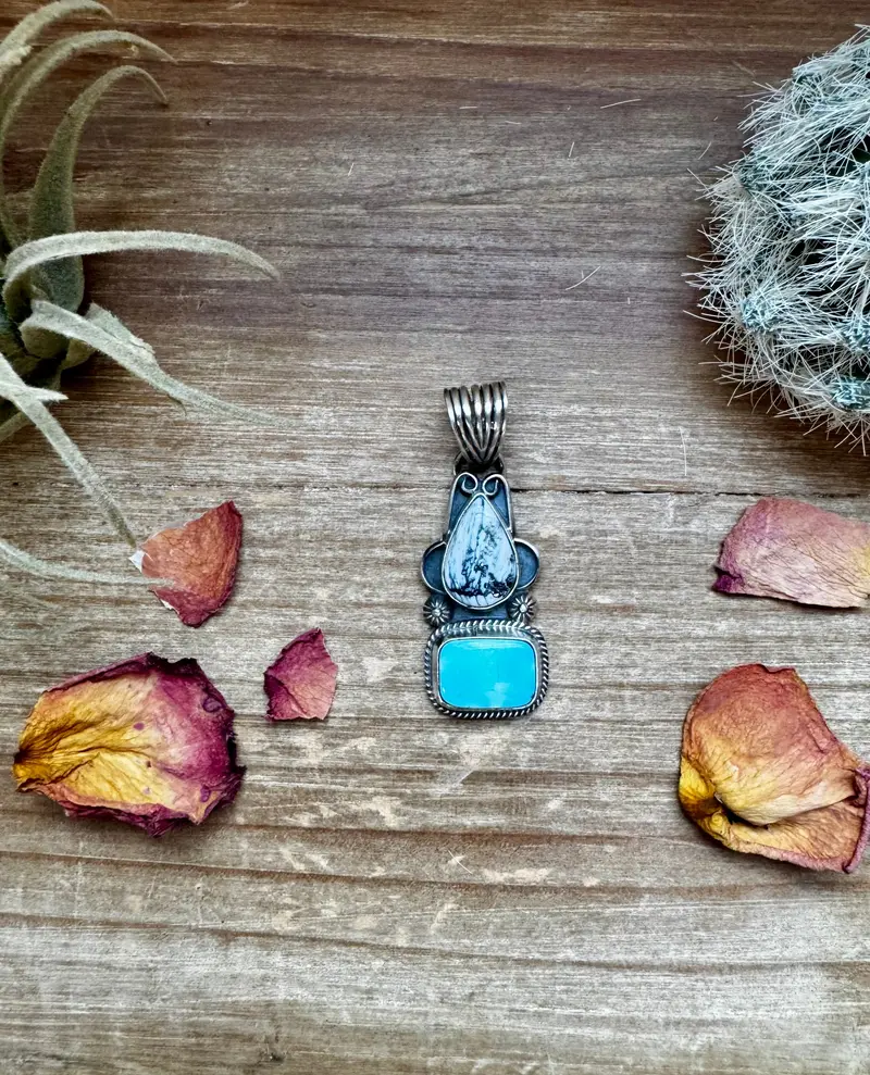 2 Stone Pendant - Golden Hill Turquoise, White Buffalo & Sterling Silver - Option 3 1