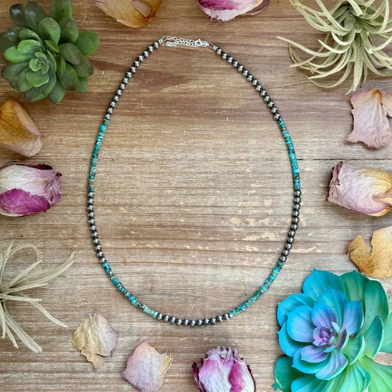 20” Heishi Turquoise Necklace – 4Mm Turquoise & 5Mm Sterling Silver Pearls 1