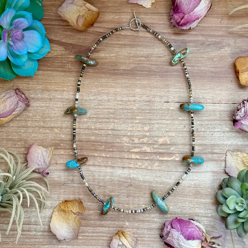 22” Chunky Turquoise & Dark Brown Shell Heishi Necklace 1
