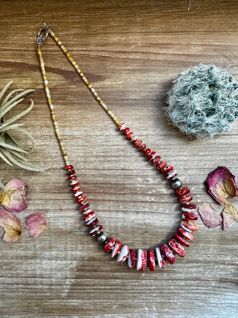 22 Inch Red Spiny And Sterling Silver Pearls 1
