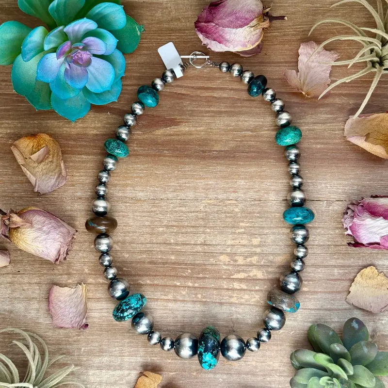 22” Massive Turquoise Rondelle Necklace – Sterling Silver Pearls 1