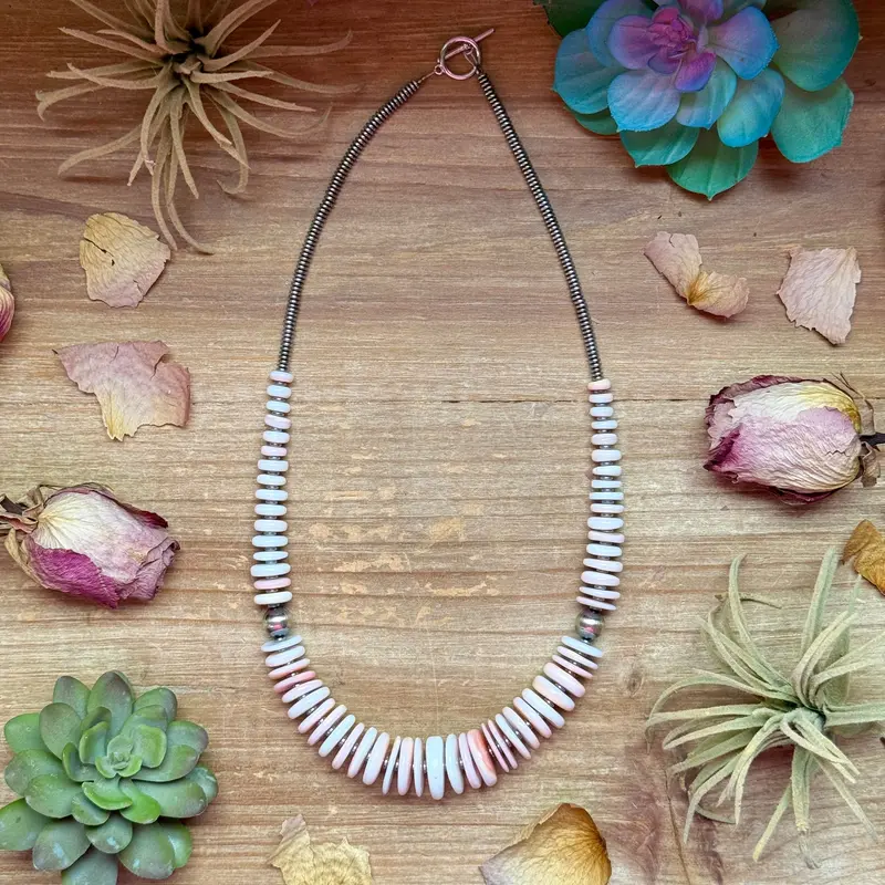 22” Pink Conch Graduated Necklace – Sterling Silver & Hematite 1