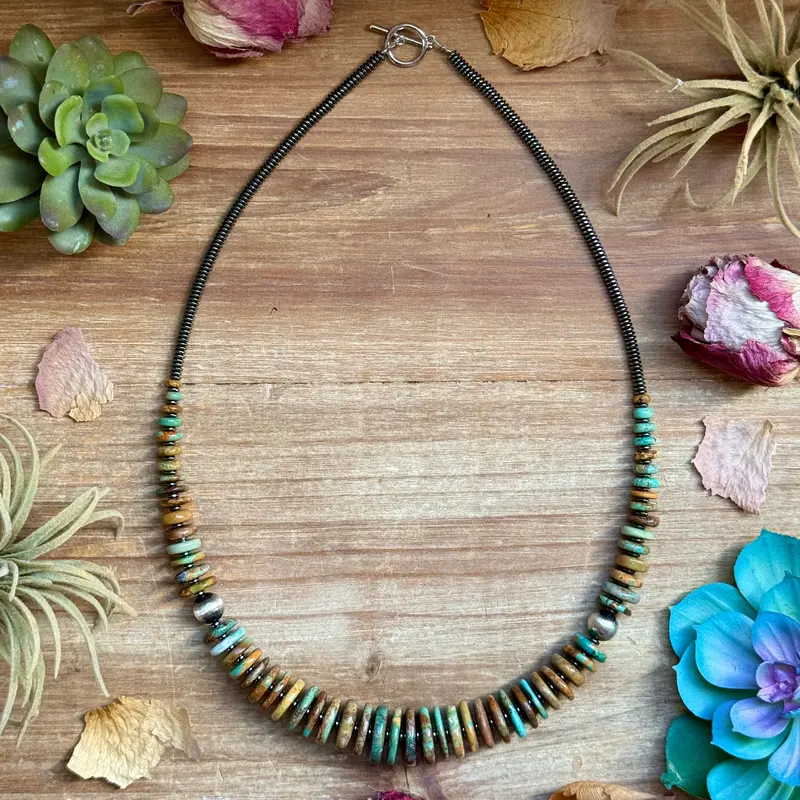 23” Dark Green Turquoise Graduated Necklace – Sterling Silver & Hematite 1
