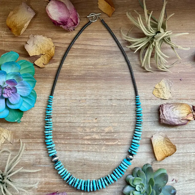 23” Ice Blue Turquoise Graduated Necklace – Sterling Silver & Hematite 1