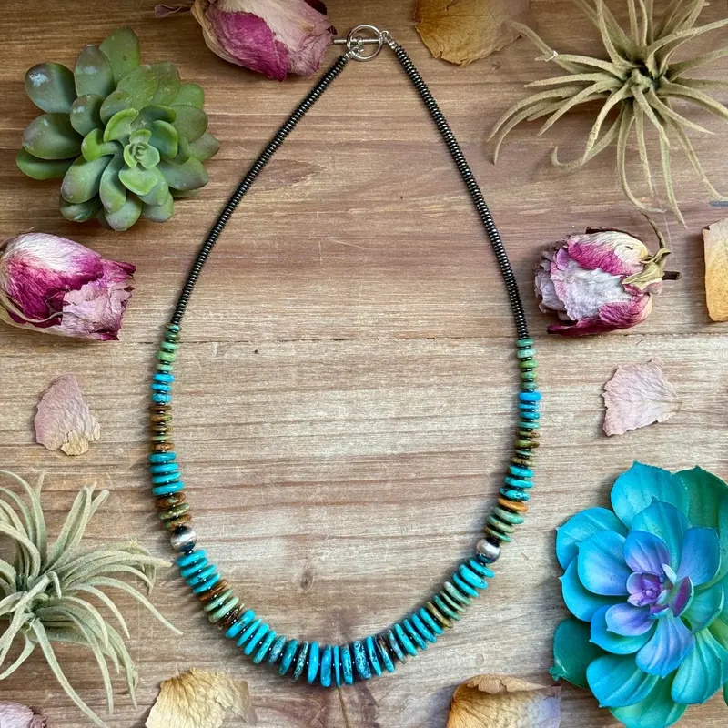 23” Tri Color Turquoise Graduated Necklace – Sterling Silver & Hematite 1