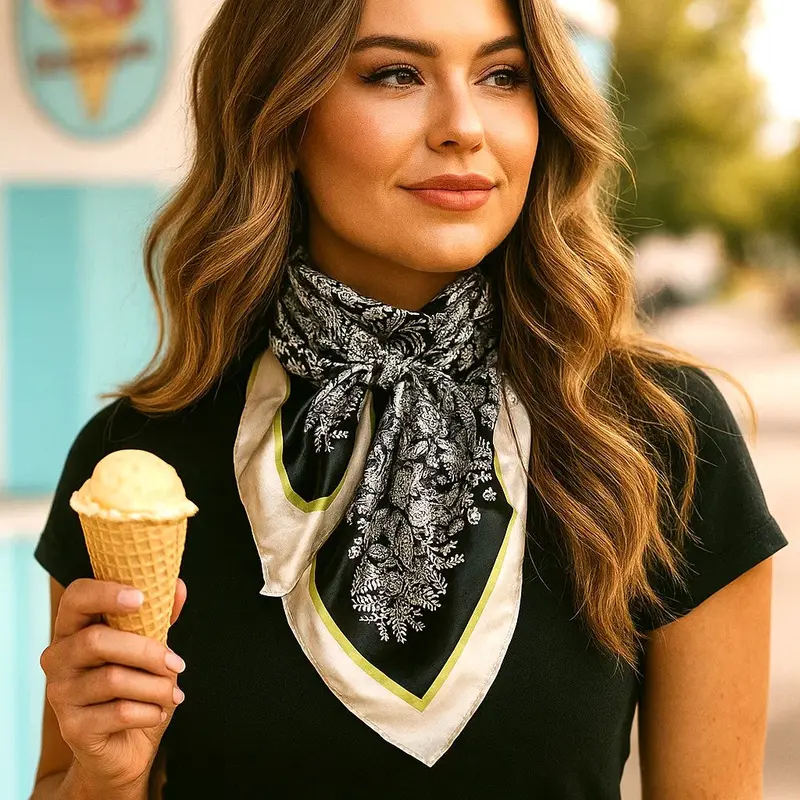 35X35"  Black & Cream Paisley Wild Rag / Scarf Wr3407 1