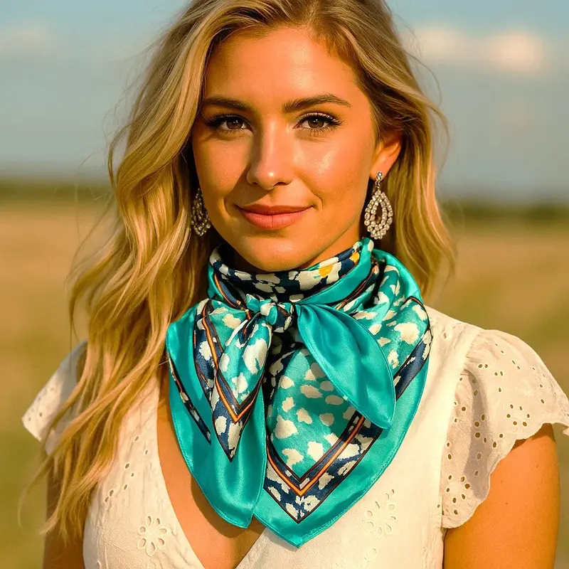 35X35" Blue And Aqua Flower And Spots Pattern Wild Rag / Scarf Wr1038 1