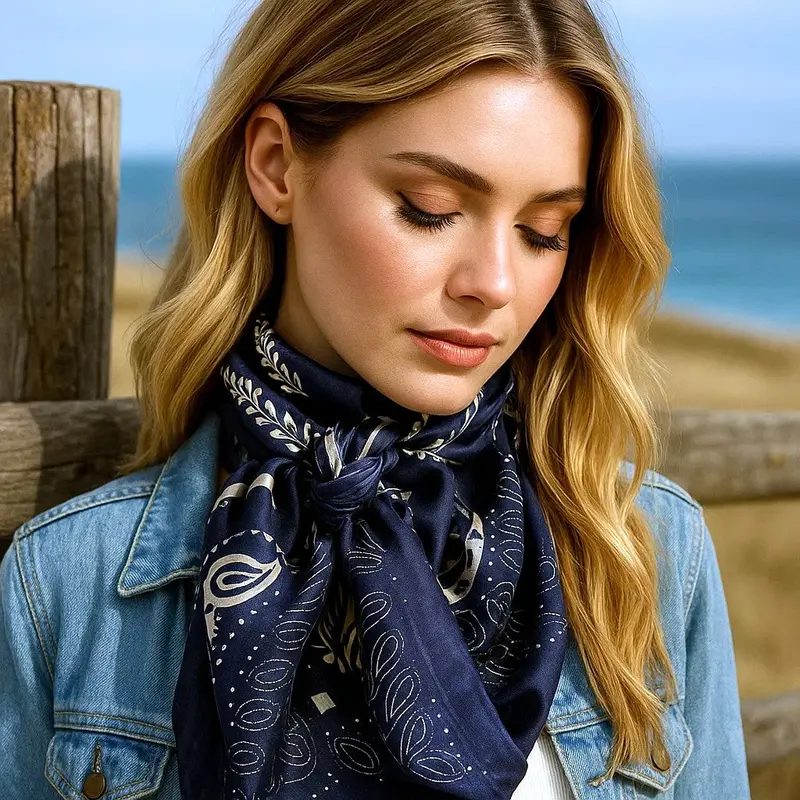 35X35" Blue And Cream Paisley Wild Rag / Scarf Wr433 1