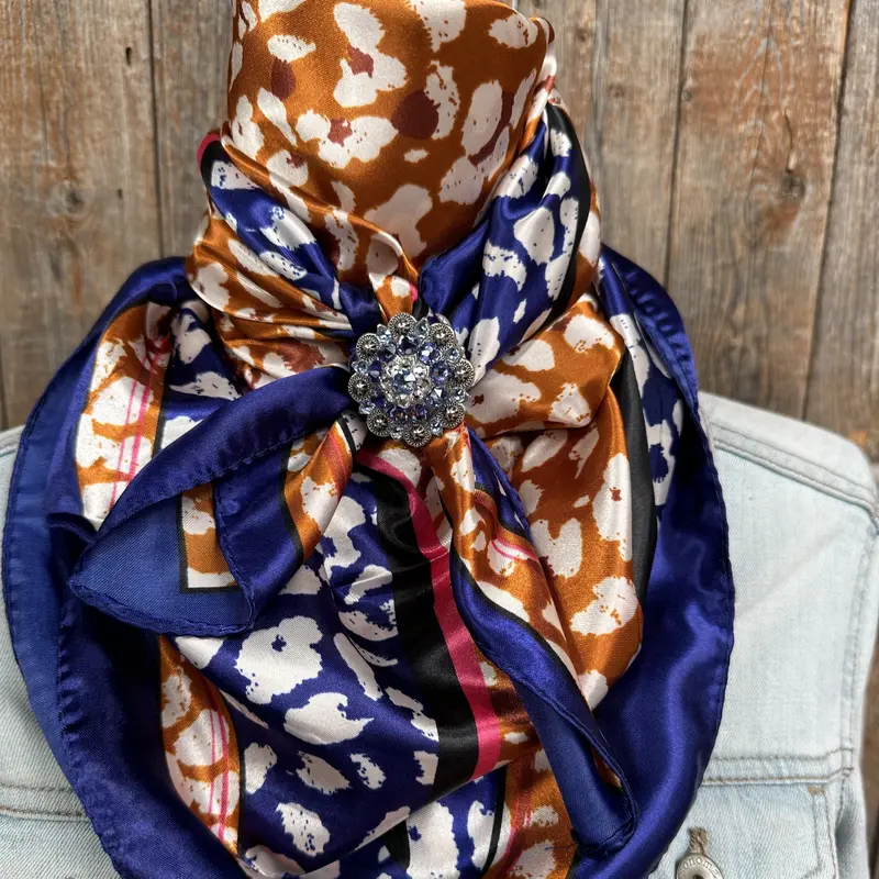 35X35" Blue And Orange Leopard Wild Rag / Scarf -Antique Silver Light Sapphire, Clear And Lilac Slide Wrc1013a 1