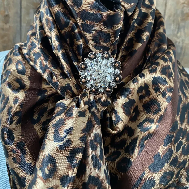 35X35" Brown Leopard Wild Rag / Scarf - Copper Clear Crystal Slide Wrc169c 1