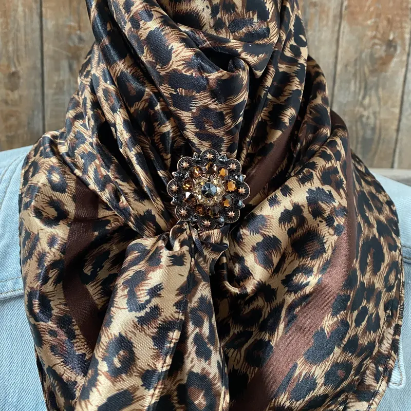 35X35" Brown Leopard Wild Rag / Scarf - Copper Jet, Champagne, Topaz Crystal Slide Wrc169d 1