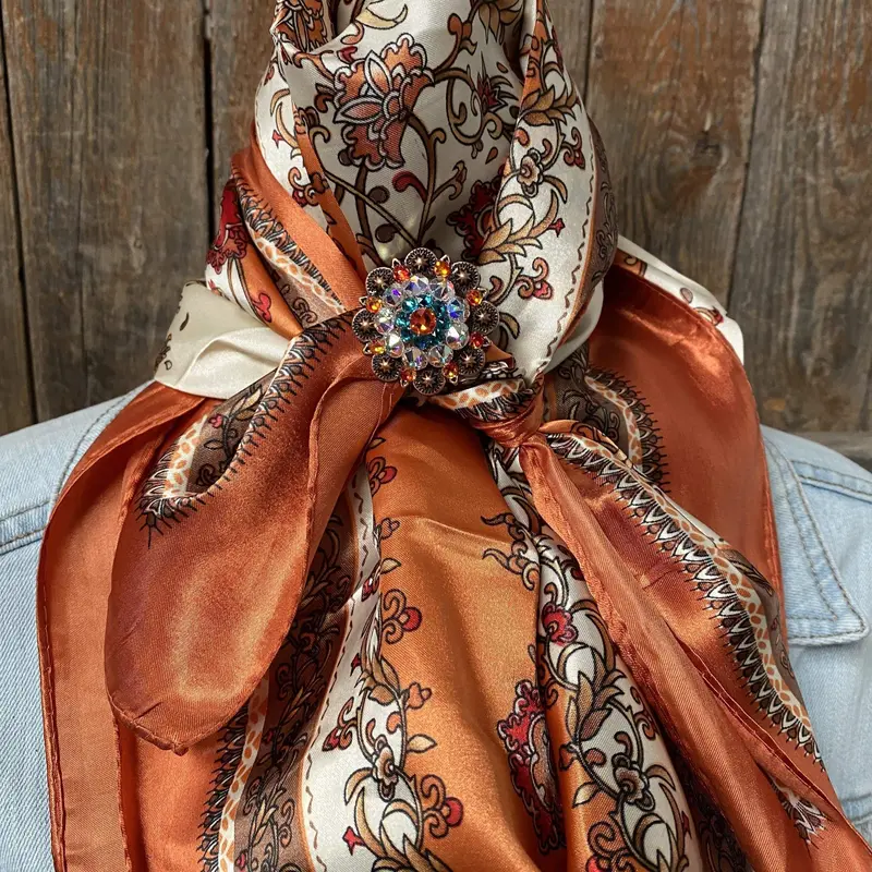 35X35" Burnt Orange & Tan Wild Rag / Scarf -Copper Fire Opal, Teal, Ab Slide Wrc2179c 1