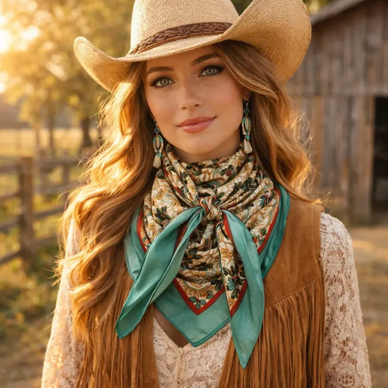 35X35" Emerald And Tan Floral Wild Rag / Scarf Wr3448 1