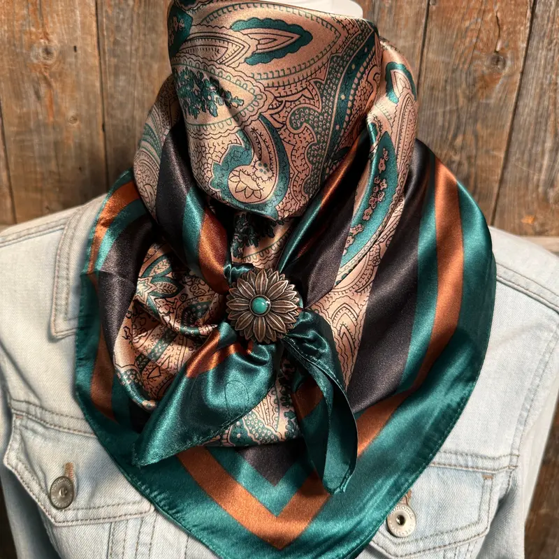 35X35" Emerald And Tan Paisley Wild Rag / Scarf -W132l Slide Wrc1004b 1