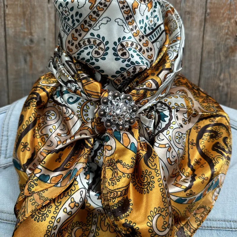 35X35" Golden, Green And Brown Paisley Wild Rag / Scarf -Copper Clear Slide Wrc1003b 1