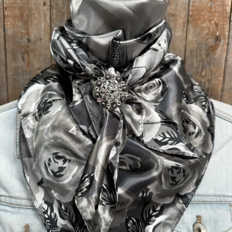 35X35" Grey Roses Wild Rag / Scarf -Antique Silver Clear Slide Wrc1008a 1