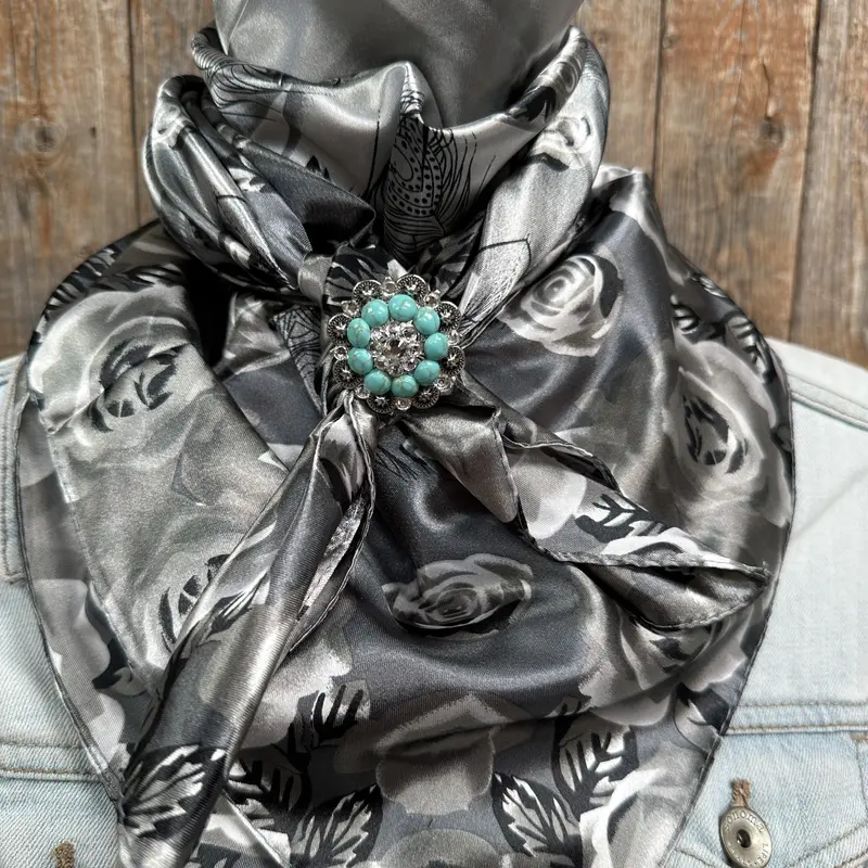 35X35" Grey Roses Wild Rag / Scarf -Antique Silver Turquoise And Clear Slide Wrc1008b 1
