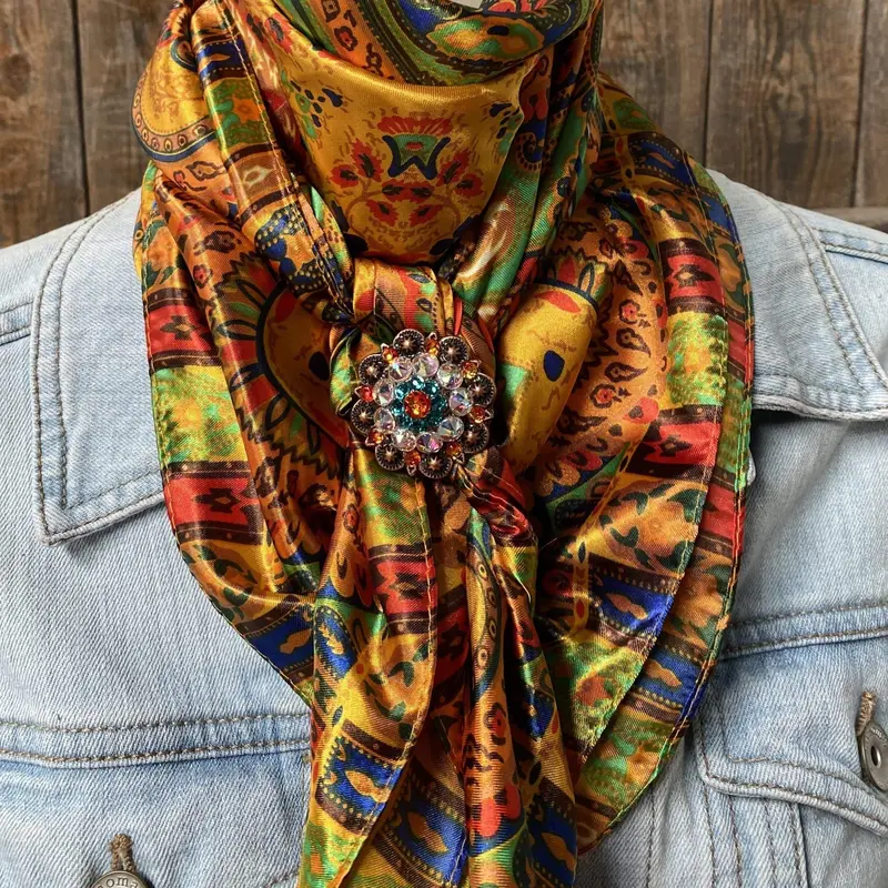 35X35" Multi-Colored Paisley Wild Rag / Scarf Copper Fire Opal, Teal & Ab Slide Wrc134b 1