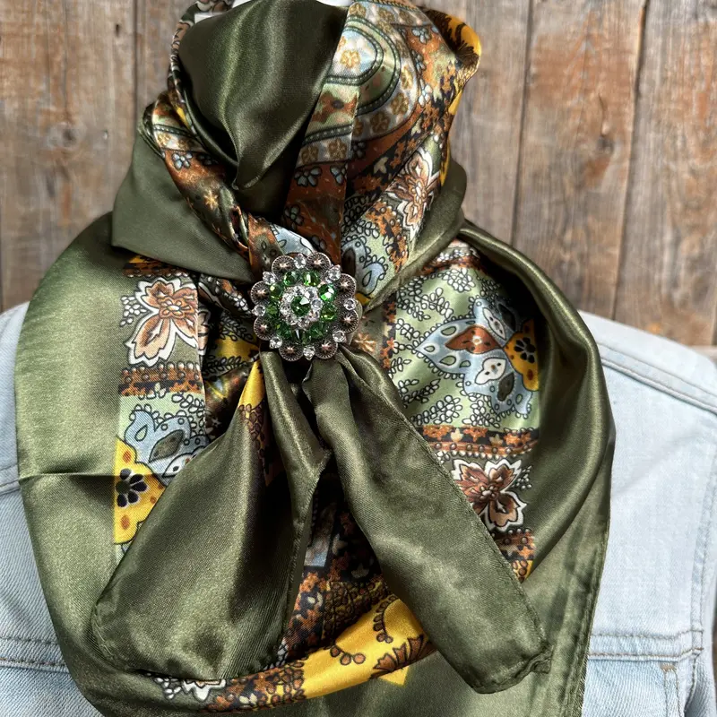 35X35" Olive Tone Paisley Wild Rag / Scarf -Copper Fern And Clear Slide Wrc1001b 1