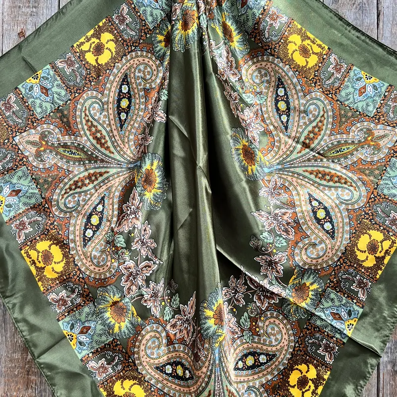 35X35" Olive Tone Paisley Wild Rag / Scarf -Copper Fern And Clear Slide Wrc1001b 2
