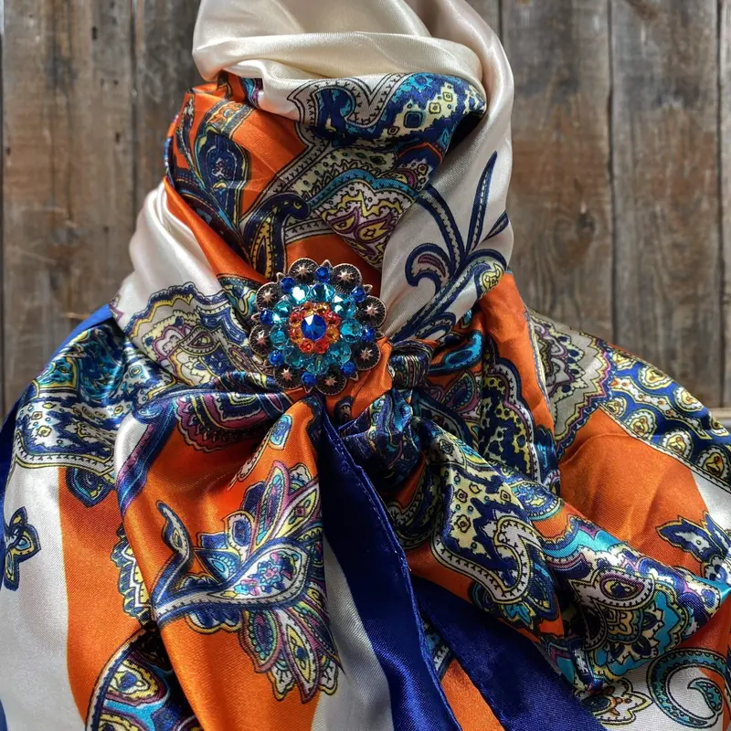 35X35" Orange And Blue Paisley Wild Rag / Scarf - Copper Capri, Fire Opal,Teal Slide Wrc302a 1