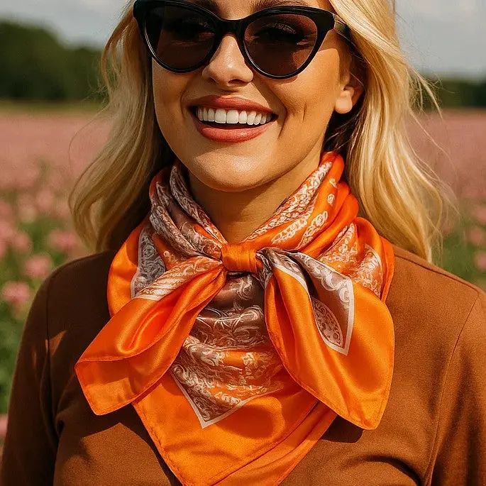 35X35" Orange And Brown Paisley Wild Rag / Scarf Wr3159 1