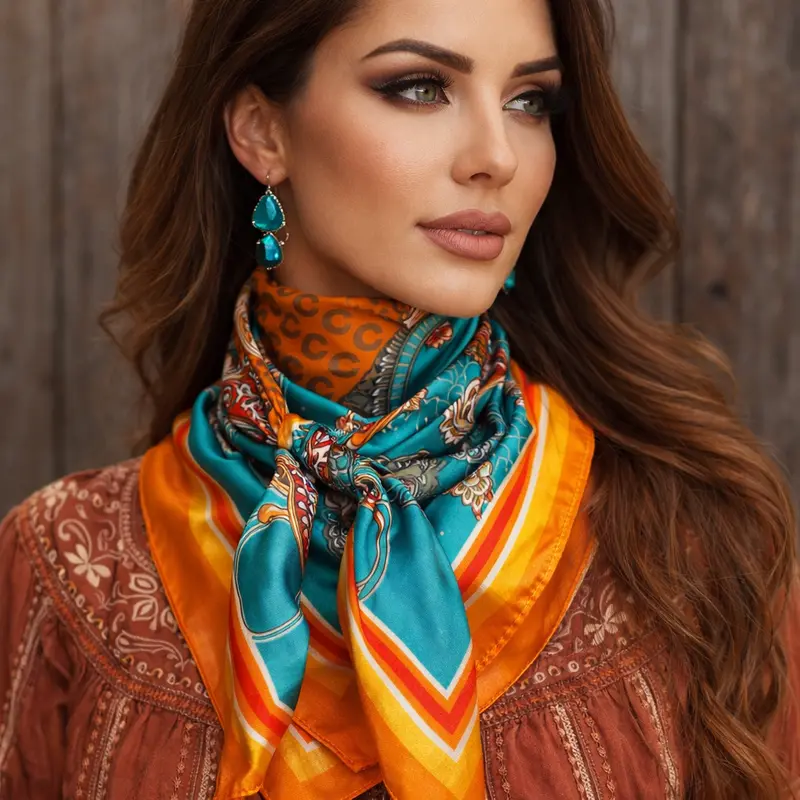 35X35" Orange And Turquoise Horse Shoe Paisley Wild Rag / Scarf Wr1033 1