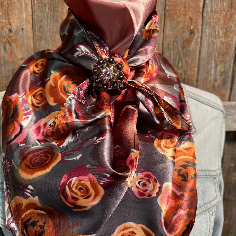 35X35" Pink And Rust Roses Wild Rag / Scarf -Copper Pink, Ab, Champagne Slide Wrc1007a 1