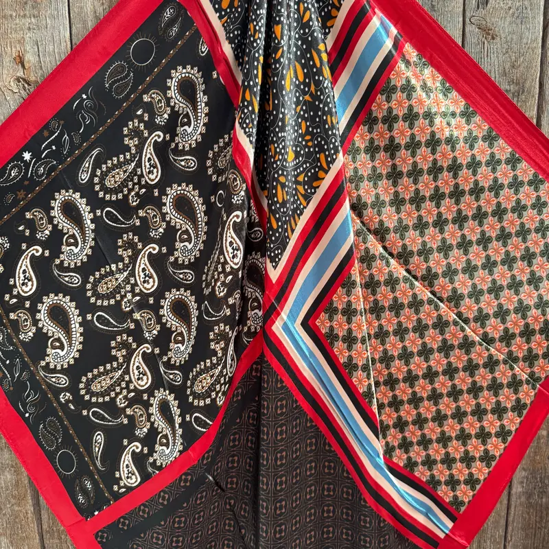 35X35" Red And Black Multi Patterned Wild Rag / Scarf Wr3460 2