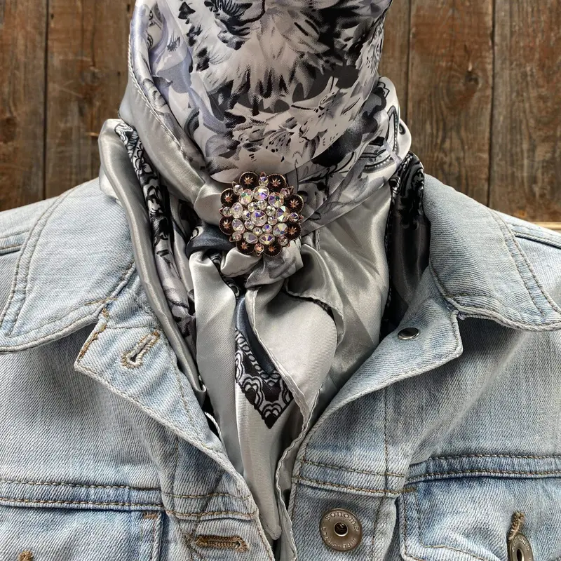35X35" Silver & White Floral Paisley Wild Rag / Scarf - Copper Ab Slide Wrc172a 1