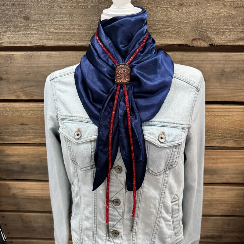 35X35" Solid Dark Blue Wild Rag / Scarf - Leather Slide And Bolo Tie 1