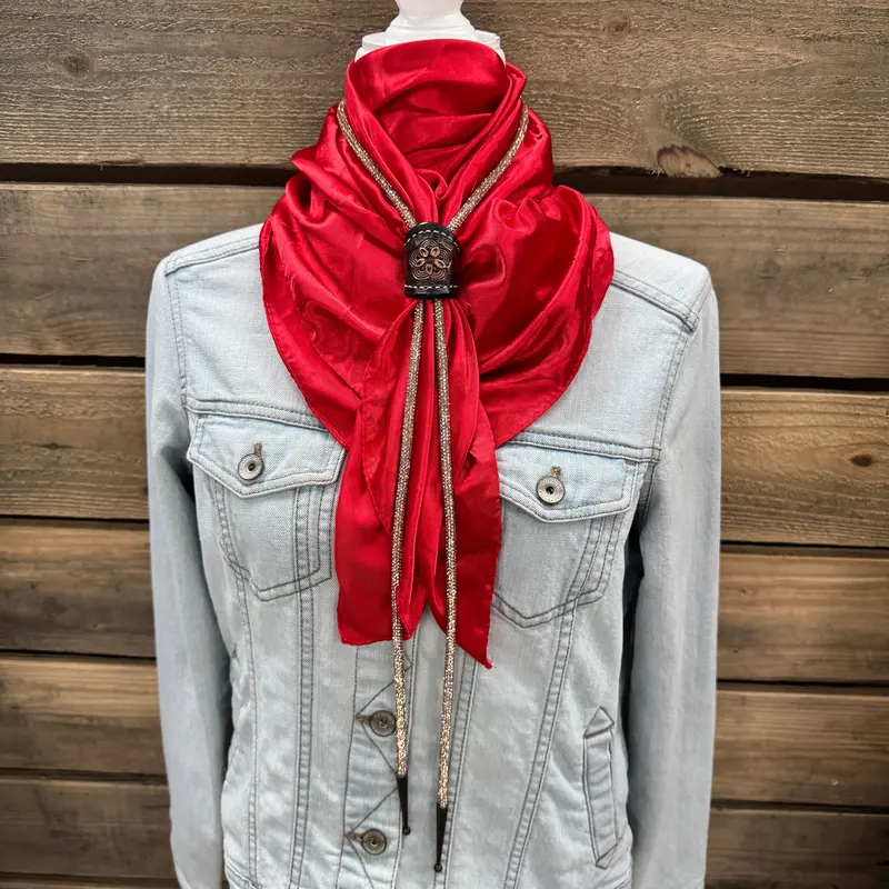 35X35" Solid Electric Red Wild Rag / Scarf - Leather Slide And Bolo Tie 1