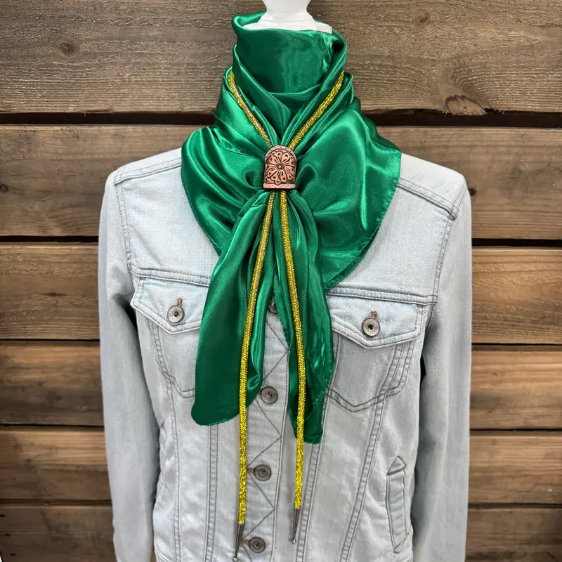 35X35" Solid Green Wild Rag / Scarf - Leather Slide And Bolo Tie 1