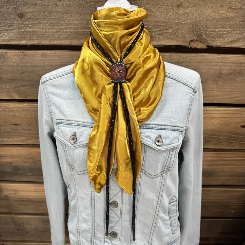 35X35" Solid Mustard Yellow Wild Rag / Scarf - Leather Slide And Bolo Tie 1