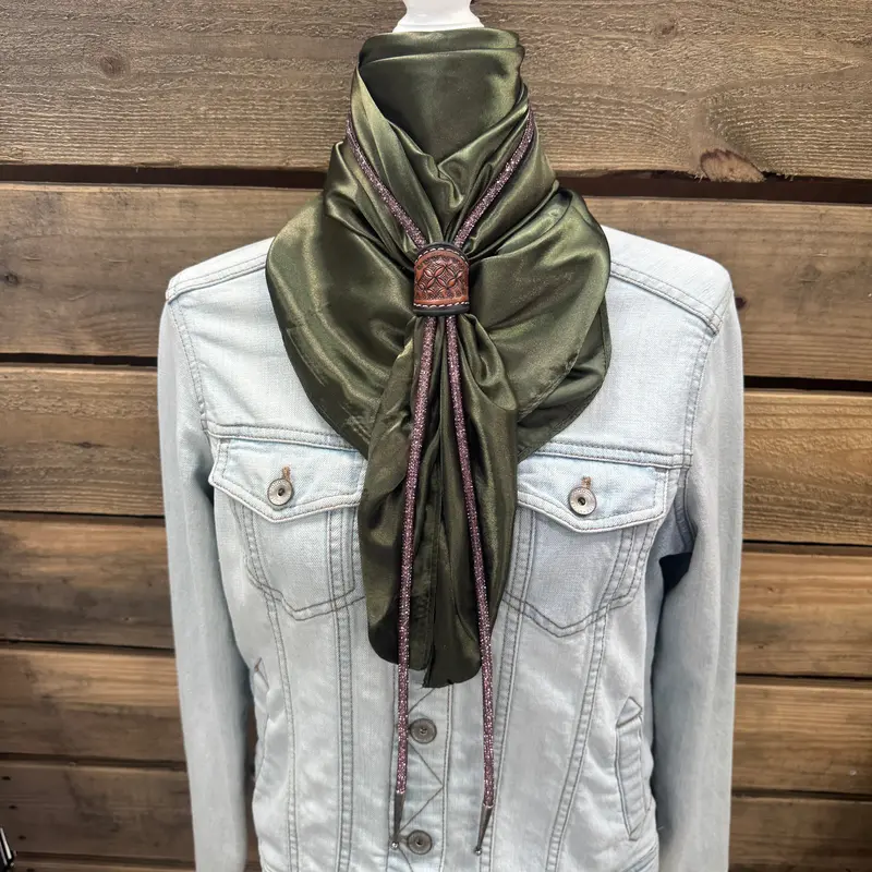 35X35" Solid Olive Wild Rag / Scarf - Leather Slide And Bolo Tie 1