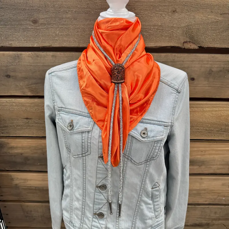 35X35" Solid Orange Wild Rag / Scarf - Leather Slide And Bolo Tie 1